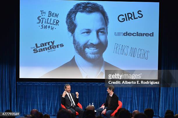 Writer Judd Apatow and Dan Snierson, Senior Writer, Entertainment Weekly attends The Paley Center For Media's 2014 PaleyFest Icon Award announcement...
