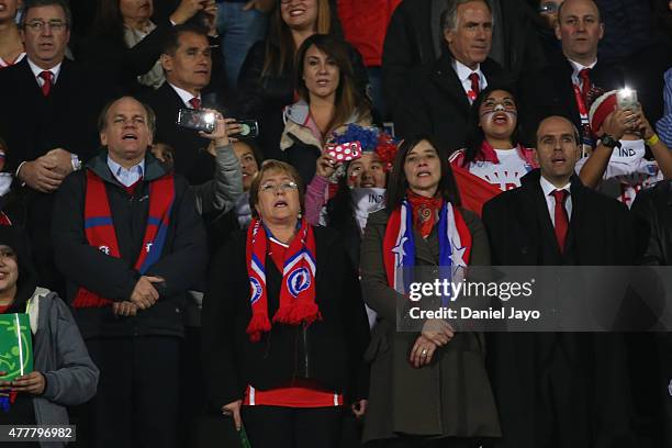 Michelle Bachelet, President of Chile , Sergio Jadue, President of the Chilean Football Association, and Patricio Walker Prieto, Chilean senator sign...