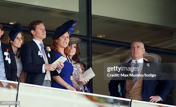 Princess Beatrice, Dave Clark, Sarah Ferguson, Duchess of York, Princess Eugenie and Prince Andrew, Duke of York watch the racing as they attend day...