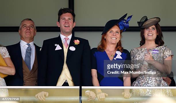 Prince Andrew, Duke of York;Jack Brooksbank, Sarah Ferguson, Duchess of York and Princess Eugenie watch the racing as they attend day 4 of Royal...