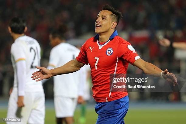 Alexis Sanchez of Chile celebrates after scoring the second goal of his team during the 2015 Copa America Chile Group A match between Chile and...