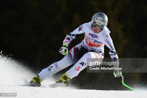 Nicole Hosp of Austria competing in the Audi FIS Alpine Skiing World Cup Finals downhill training on March 11, 2014 in Lenzerheide, Switzerland.