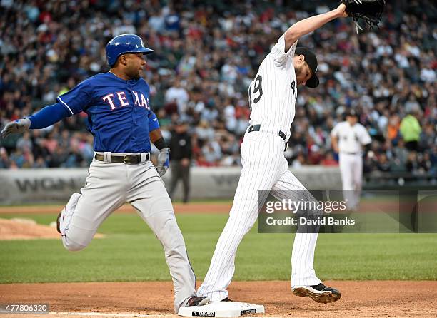 Chris Sale of the Chicago White Sox forces out Elvis Andrus of the Texas Rangers during the third inning on June 19, 2015 at U. S. Cellular Field in...