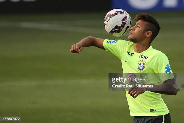 Neymar of Brazil controls the ball during a training session at Azul Azul training camp on June 19, 2015 in Santiago, Chile. Brazil will face...