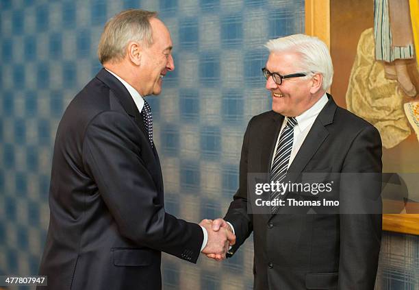 German Foreign Minister Frank-Walter Steinmeier meets President of Latvia Andris Berzins during an official visit on March 11, 2014 in Riga, Latvia....