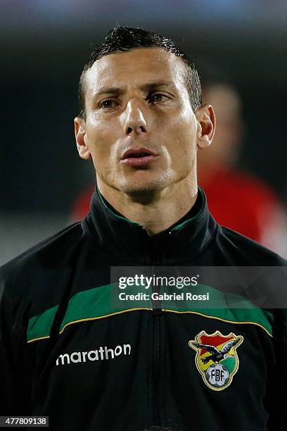 Pablo Escobar of Bolivia looks on during the national anthem ceremony prior the 2015 Copa America Chile Group A match between Chile and Bolivia at...