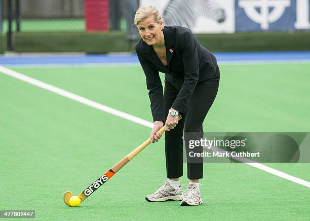 Sophie Rhys-Jones, Countess of Wessex takes part in a training session during a visit to the England hockey team at Bisham Abbey on March 11, 2014 in...