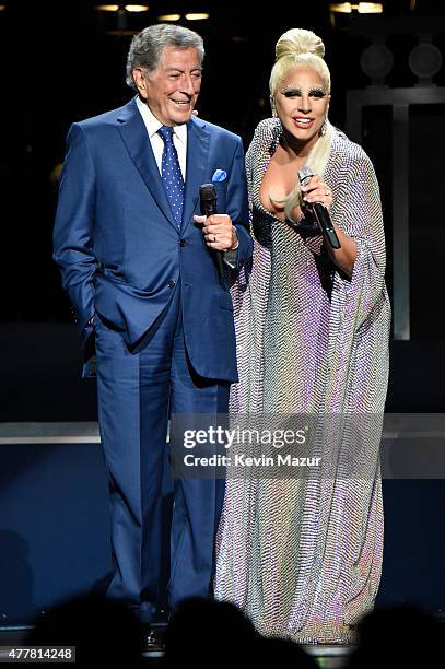 Tony Bennett and Lady Gaga perform onstage during the "Cheek to Cheek" tour at Radio City Music Hall on June 19, 2015 in New York City.