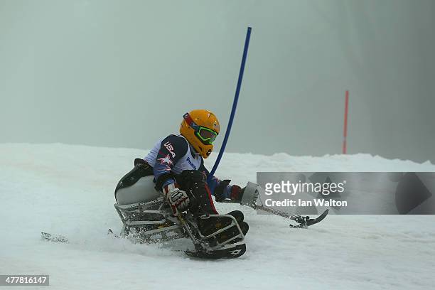 Jasmin Bambur USA competes in the Men's SC Slalom Run 1, Sitting during day four of Sochi 2014 Paralympic Winter Games at Rosa Khutor Alpine Center...