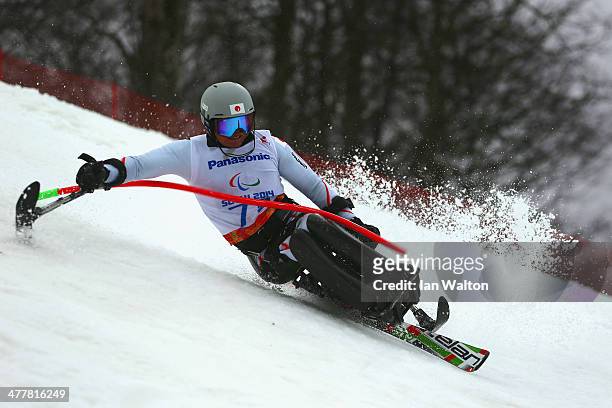 Taiki Morii of Japan competes in the Men's SC Slalom Run 1, Sittingduring day four of Sochi 2014 Paralympic Winter Games at Rosa Khutor Alpine Center...