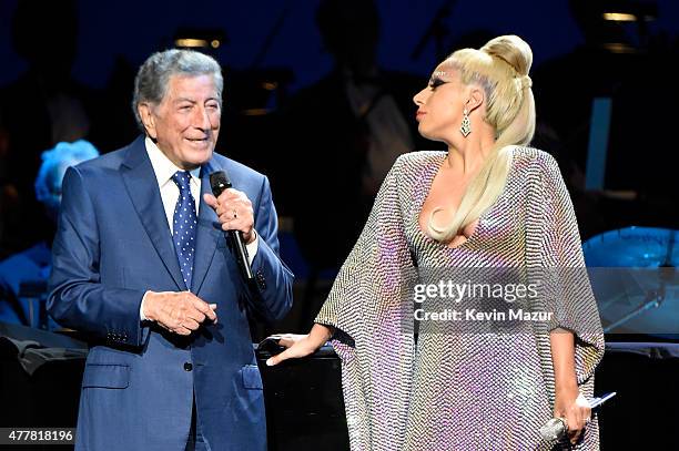 Tony Bennett and Lady Gaga perform onstage during the "Cheek to Cheek" tour at Radio City Music Hall on June 19, 2015 in New York City.