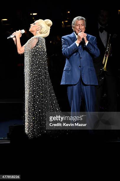 Lady Gaga and Tony Bennett perform onstage during the "Cheek to Cheek" tour at Radio City Music Hall on June 19, 2015 in New York City.