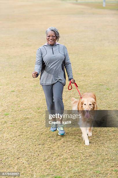 african american woman walking dog - older people walking a dog stock pictures, royalty-free photos & images