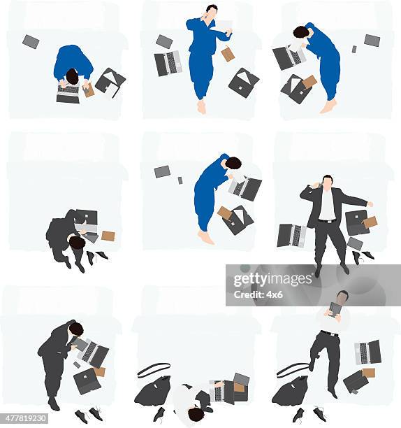 geschäftsmann liegen auf bett - lying down stock-grafiken, -clipart, -cartoons und -symbole