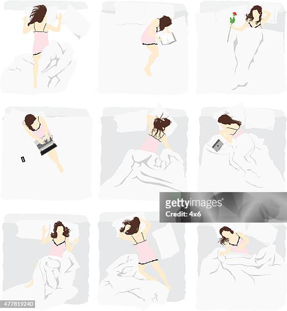 stockillustraties, clipart, cartoons en iconen met various views of women lying on bed - sleeping woman