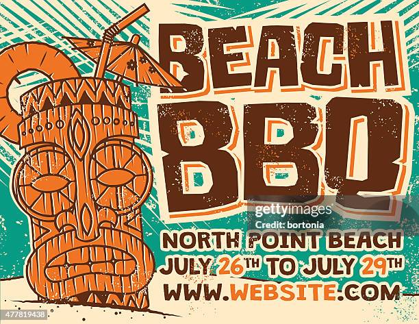 retro-aloha beach bbq tiki siebdruck-poster - aloha stock-grafiken, -clipart, -cartoons und -symbole