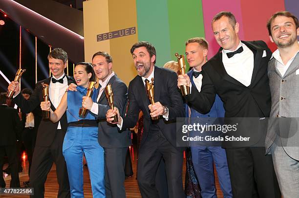 Sturla Brandth Grovlen, Laia Costa, Frederick Lau, Sebastian Schipper, Jan Dressler and Nils Frahm attend the German Film Award 2015 Lola party at...