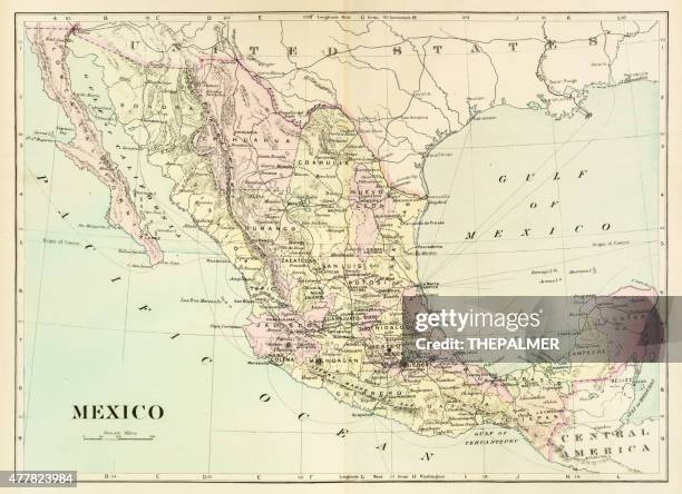 ilustraciones, imágenes clip art, dibujos animados e iconos de stock de mapa de méxico, 1894 - mexico map