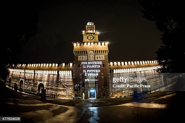 The sign "To feed the planet, the future is Veganism" was projected yesterday night on the Castello Sforzesco in Milan, Italy, by "Essere Animali"...