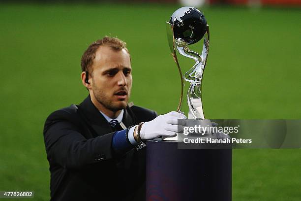 The FIFA U-20 trophy is displayed during the FIFA U-20 World Cup Final match between Brazil and Serbia at North Harbour Stadium on June 20, 2015 in...