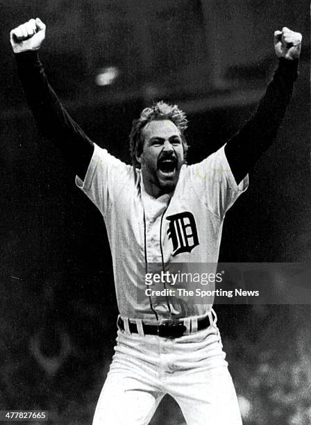 Kirk Gibson of Detroit Tigers celebrates after he hit his second home run of the game in Game Five of the 1984 World Series against the San Diego...