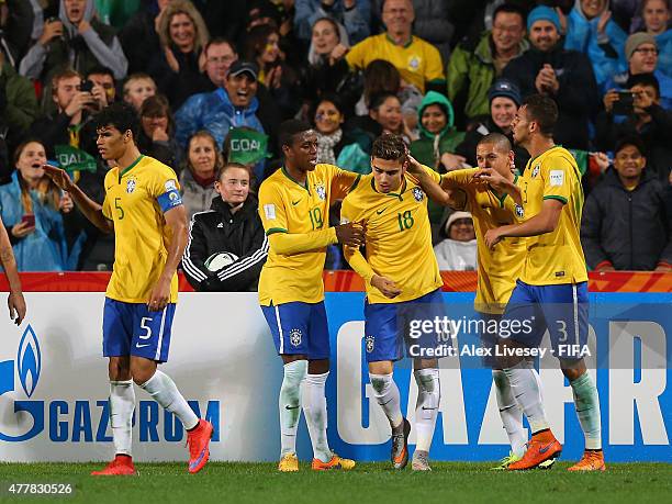 Andreas Pereira of Brazil celebrates with team mates after scoring his goal during the FIFA U-20 World Cup Final match between Brazil and Serbia at...