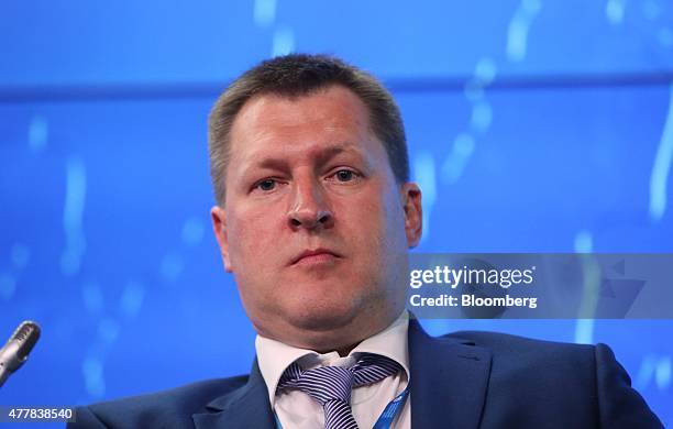 Oleg Kostin, vice president of Gazprombank, pauses during a session at the St. Petersburg International Economic Forum in Saint Petersburg, Russia,...