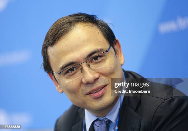 Sergey Solonin, cheif executive officer of Qiwi, speaks during a session at the St. Petersburg International Economic Forum in Saint Petersburg,...