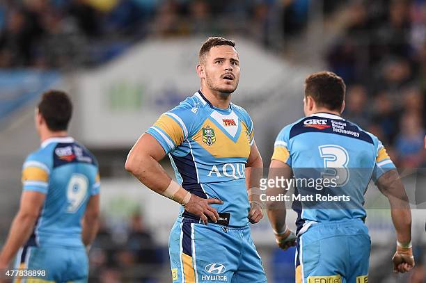 Aidan Sezer of the Titans looks on during the round 15 NRL match between the Gold Coast Titans and the New Zealand Warriors at Cbus Super Stadium on...