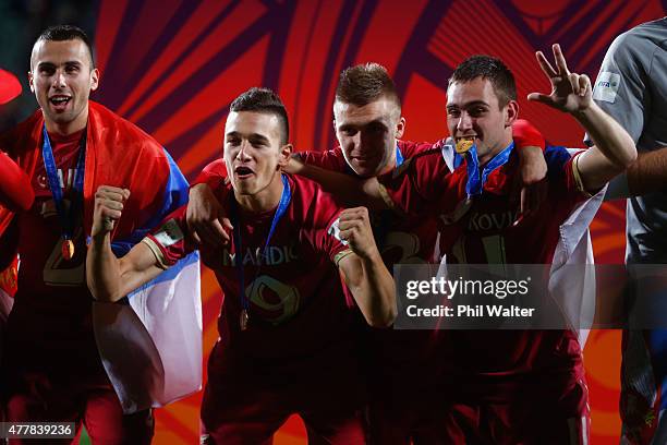 Stanisa Mandic, Nemanja Antonov and Andrija Zivkovic of Serbia celebrate following the FIFA U-20 World Cup Final match between Brazil and Serbia at...