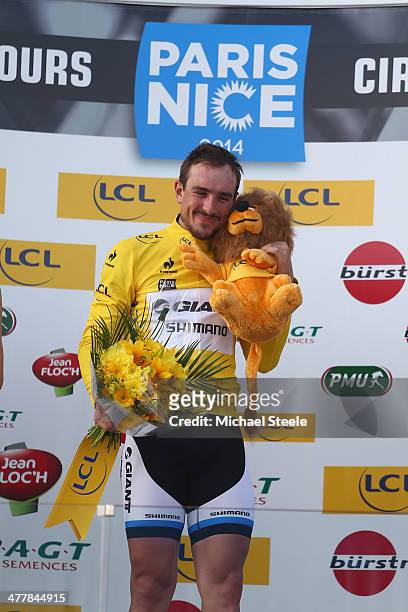 John Degenkolb of Germany and Team Giant-Shimano celebrates claiming the leaders yellow jersey after victory during stage 3 of the Paris-Nice race...