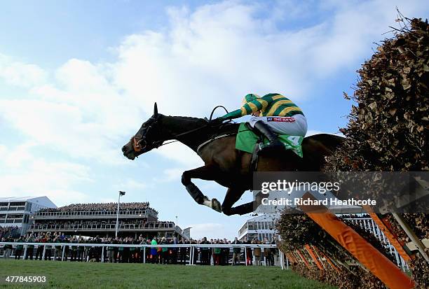 Barry Geraghty on Jezki jumps the last on his way to victory in The Stan James Champion Hurdle Challenge Trophy during The Festival Champion Day at...