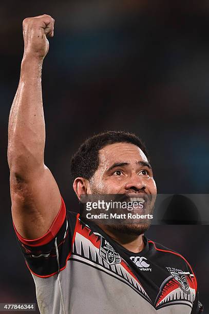 Konrad Hurrell of the Warriors celebrates during the round 15 NRL match between the Gold Coast Titans and the New Zealand Warriors at Cbus Super...