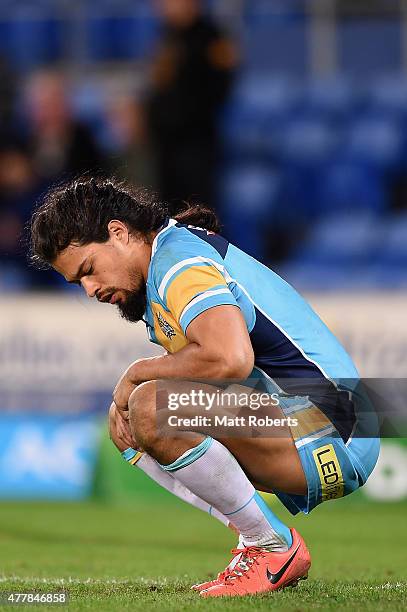 Kevin Gordon of the Titans looks dejected during the round 15 NRL match between the Gold Coast Titans and the New Zealand Warriors at Cbus Super...