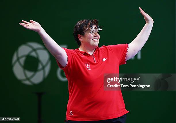 Gold medalist Heidi Diethelm Gerber of Switzerland celebrates victory during the Women's Pistol Shooting 25m final on day eight of the Baku 2015...