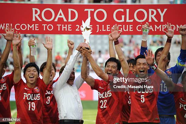 Urawa Red Diamonds celebrate winning the J.League first stage after the J.League match between Vissel Kobe and Urawa Red Diamonds at Noevir Stadium...