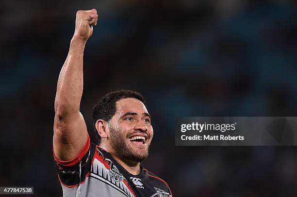 Konrad Hurrell of the Warriors celebrates during the round 15 NRL match between the Gold Coast Titans and the New Zealand Warriors at Cbus Super...