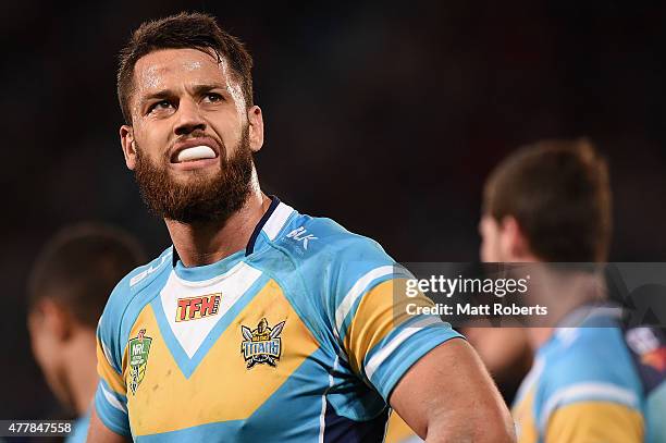 Matt Robinson of the Titans looks on during the round 15 NRL match between the Gold Coast Titans and the New Zealand Warriors at Cbus Super Stadium...