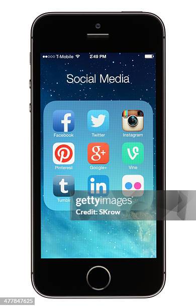 social media apps on an iphone 5s - google social networking service stock pictures, royalty-free photos & images