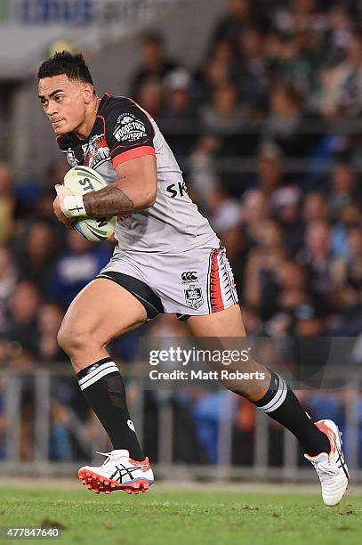 Ken Maumalo of the Warriors runs with the ball during the round 15 NRL match between the Gold Coast Titans and the New Zealand Warriors at Cbus Super...