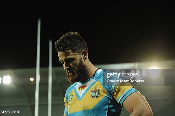 Matt Robinson of the Titans looks dejected as he leaves the field during the round 15 NRL match between the Gold Coast Titans and the New Zealand...