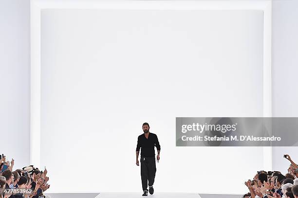 Designer Stefano Pilati walks the runway at the Ermenegildo Zegna fashion show as part of Milan Men's Fashion Week Spring/Summer 2016 on June 20,...