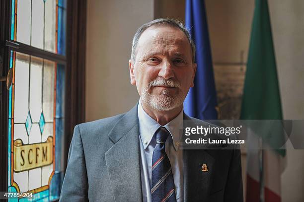 The Business Unit Director Major General Giocondo Santoni poses for a photo in his office at Stabilimento Chimico Farmaceutico Militare on June 19,...