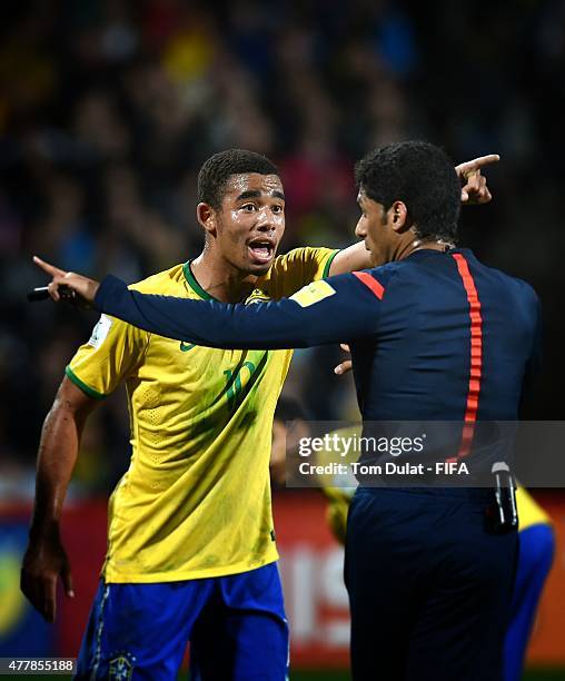Gabriel of Brazil argues with the referee during the FIFA U-20 World Cup Final match between Brazil and Serbia at North Harbour Stadium on June 20,...