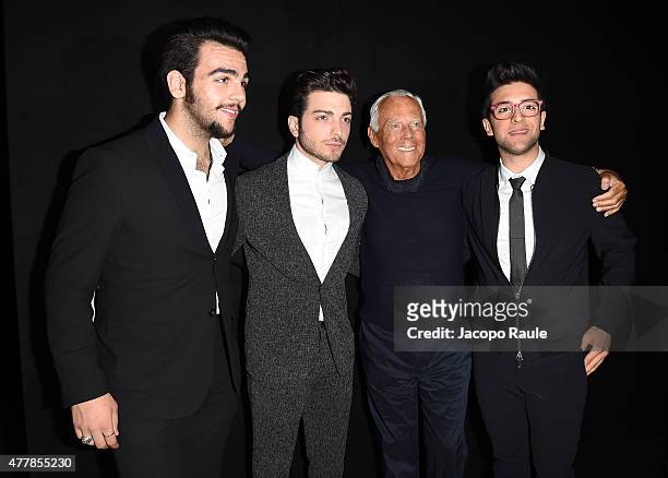 Ignazio Boschetto, Gianluca Ginoble, Fashion Designer Giorgio Armani and Piero Barone attend the Emporio Armani fashion show during the Milan Men's...