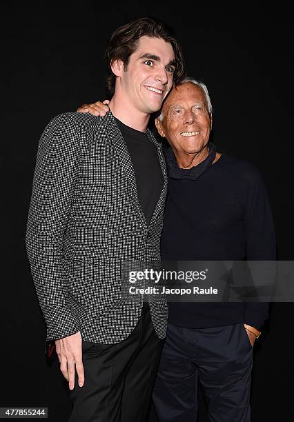 Actor RJ Mitte and Fashion Designer Giorgio Armani attend the Emporio Armani fashion show during the Milan Men's Fashion Week Spring/Summer 2016 on...