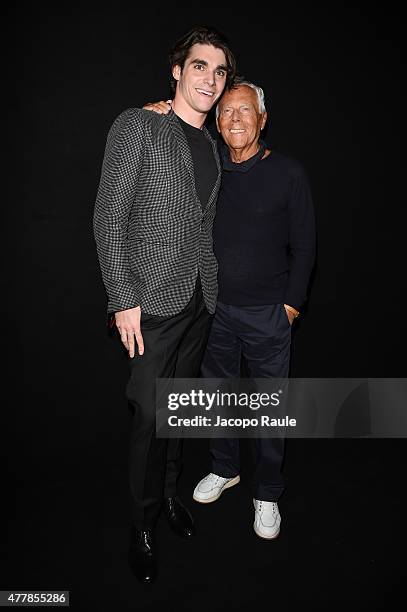 Actor RJ Mitte and Fashion Designer Giorgio Armani attend the Emporio Armani fashion show during the Milan Men's Fashion Week Spring/Summer 2016 on...