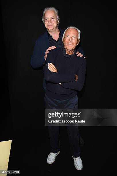 Actor Tim Robbins and fashion designer Giorgio Armani attend the Emporio Armani fashion show during the Milan Men's Fashion Week Spring/Summer 2016...