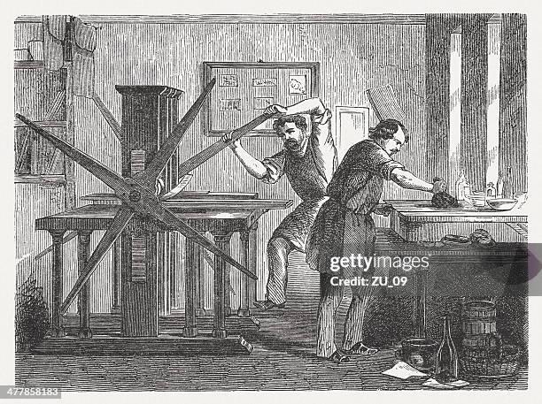 printing workshop in the past, wood engraving, published in 1876 - printer printing stock illustrations