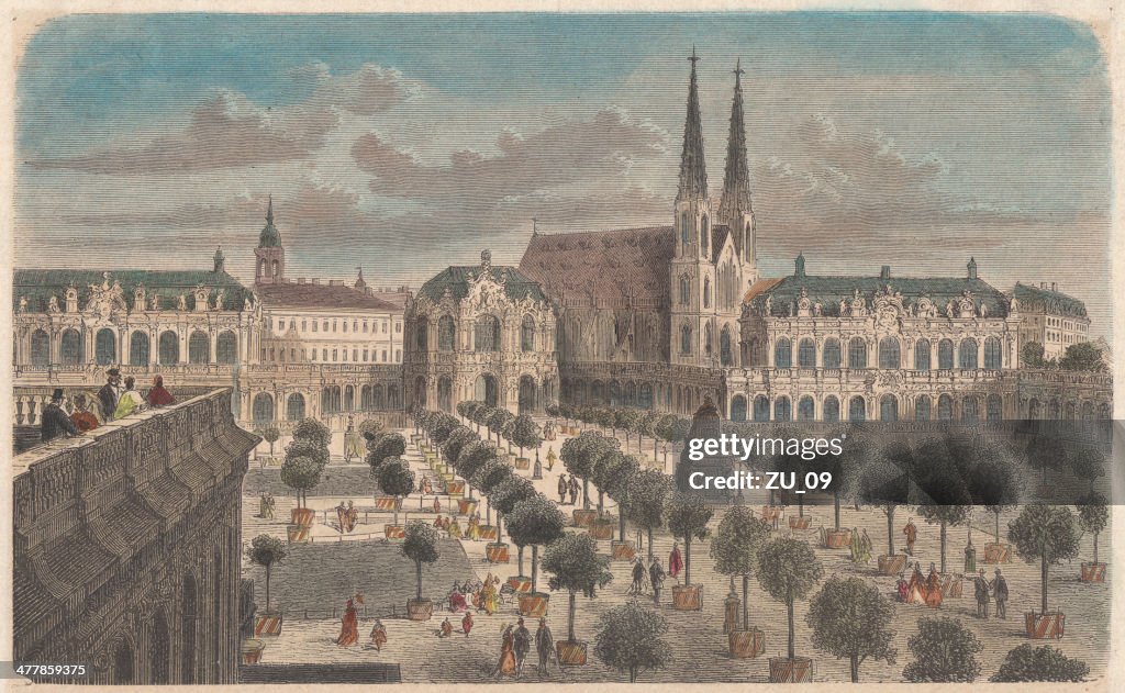 Dresdens Zwinger and Sophienkirche (demolished), hand-coloured wood engraving, published c.1880